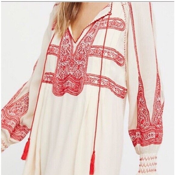 FREE PEOPLE Wind Willow Dress XS Embroidered Bohemian Mini Peasant Tassel Boho - Picture 10 of 15
